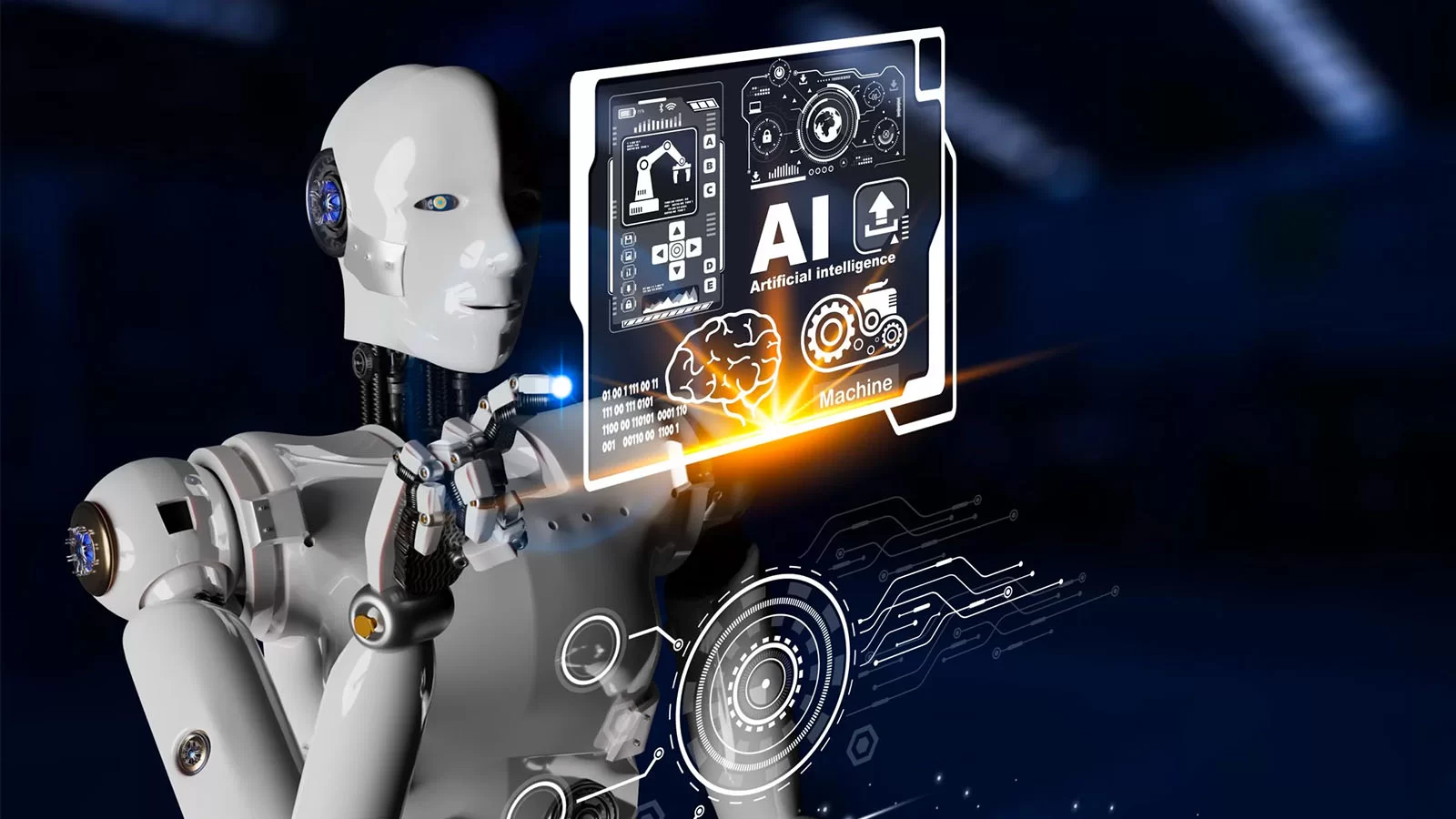 Robot hitting a touchscreen that has AI on it