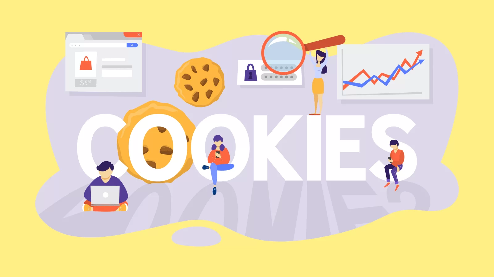 The word cookies with digital icons all around it