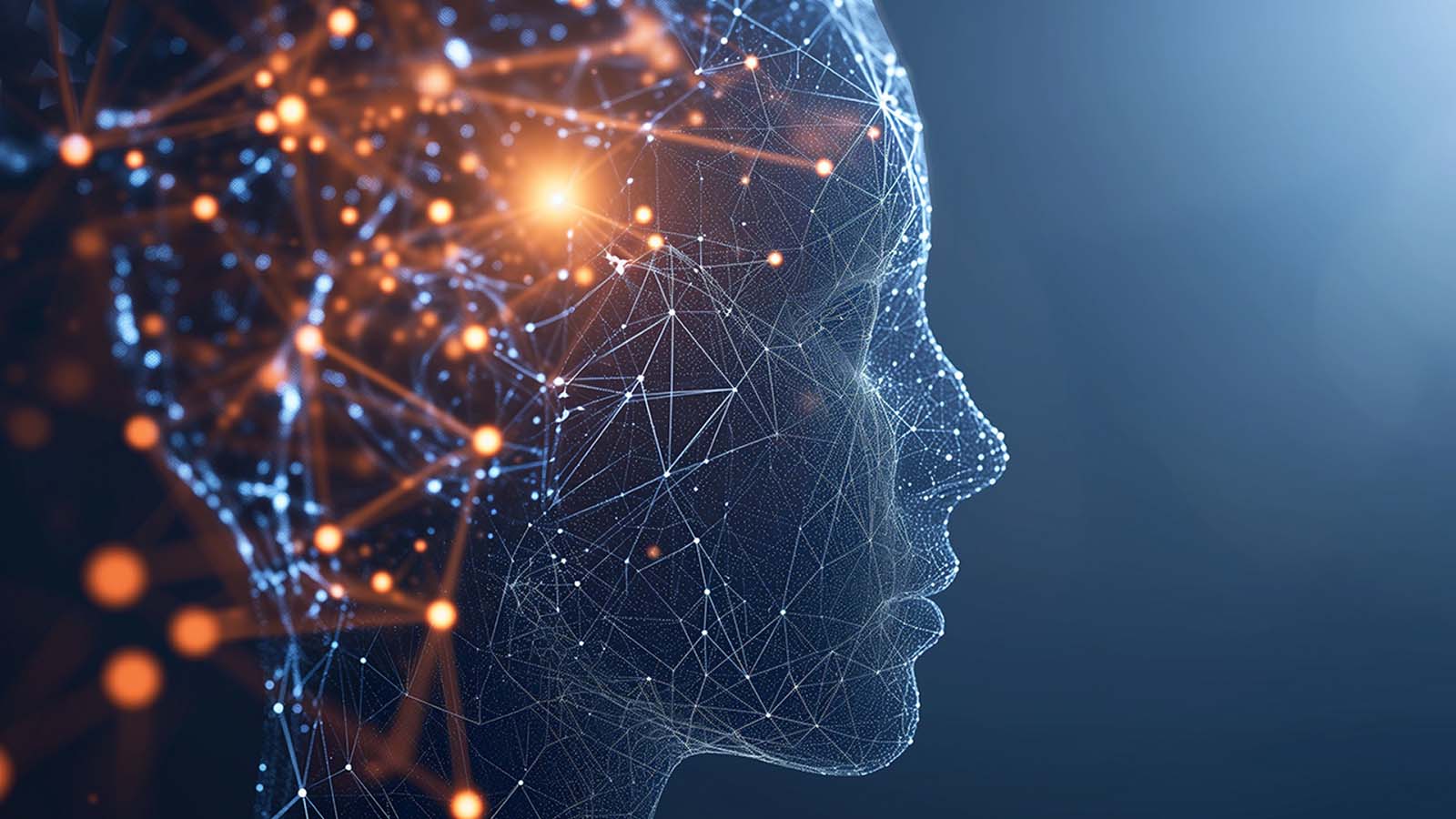 Transparent 3D robot head with neurons firing in the brain area