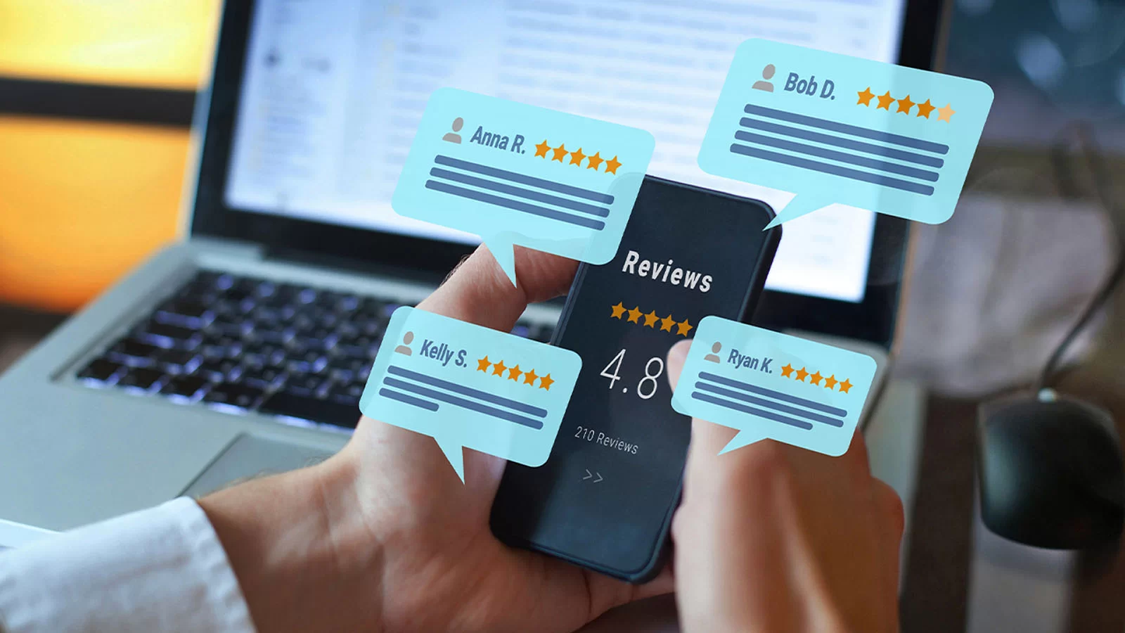 A mobile phone being held with various generic rating and review talk bubbles around it