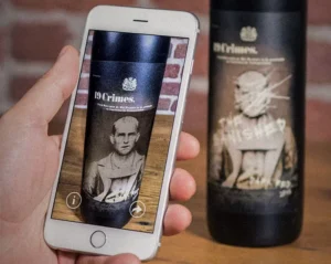 Mobile phone showing a 19 Crimes wine bottle AR experience