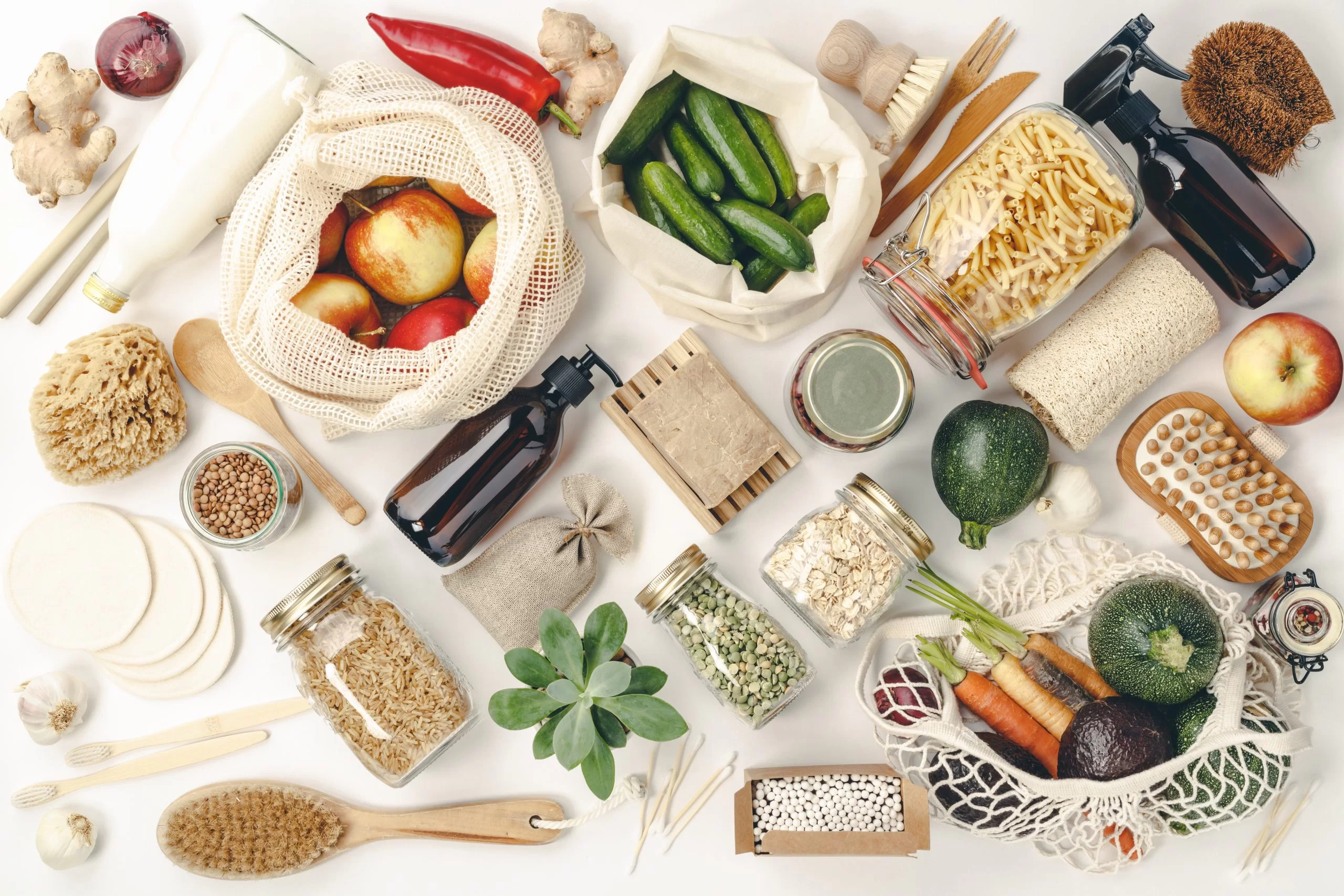 Zero waste, Recycling, Sustainable lifestyle concept. Eco-friendly products, flat lay