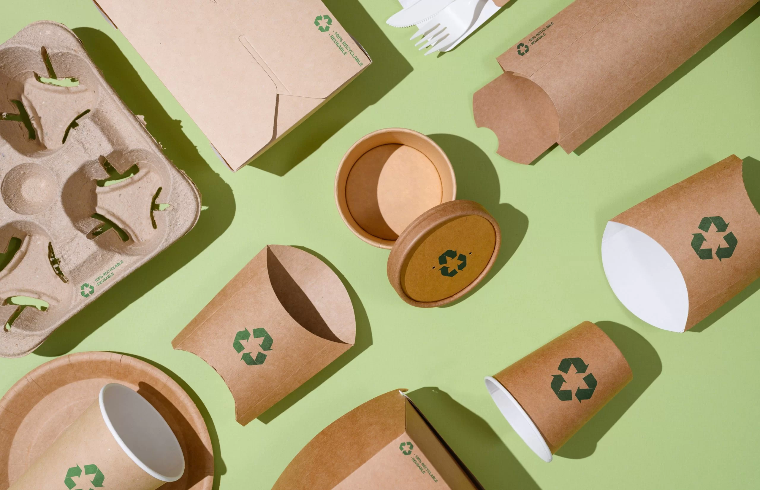 various eco-friendly to-go packaging laid down on table