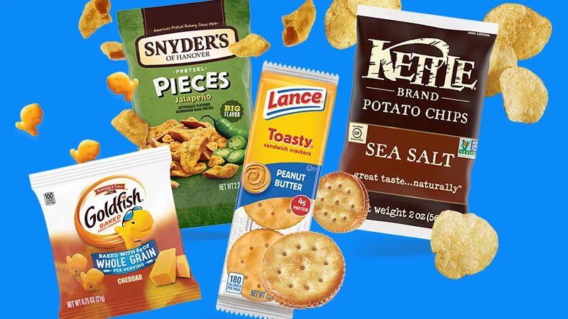 Stylized photo of several different snack packages.