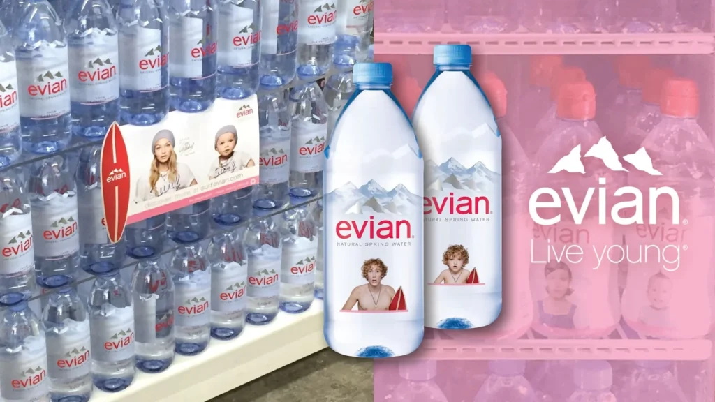 Evian water bottles with brand embassadors