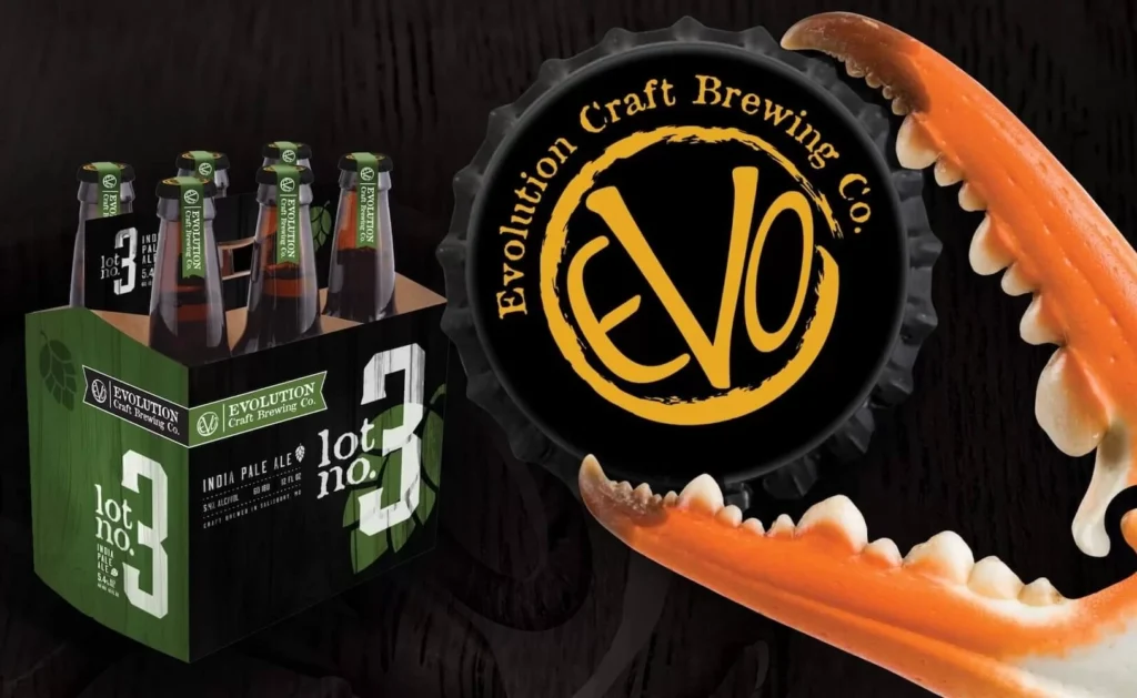 Evolution Craft Brewing six pack and crab claw holding logo