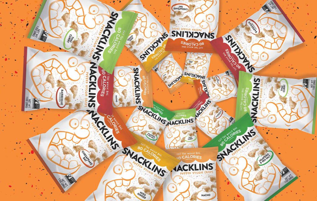 Snacklins puffed veggie crisps packaging