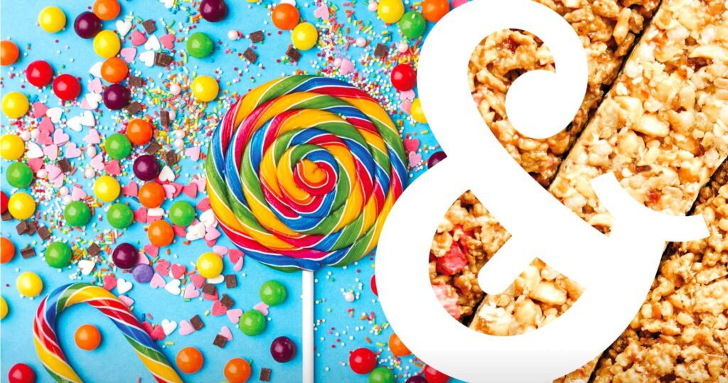 Brightly colored candy and granola bars