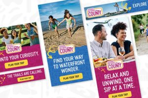 Three Discover Baltimore County promotional graphics encouraging visitors to explore trails, enjoy waterfront adventures, and relax at local wineries as part of the destination’s new tourism brand launch.