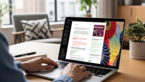Person reviewing a website on a laptop, illustrating the importance of keeping a site current and visually engaging.